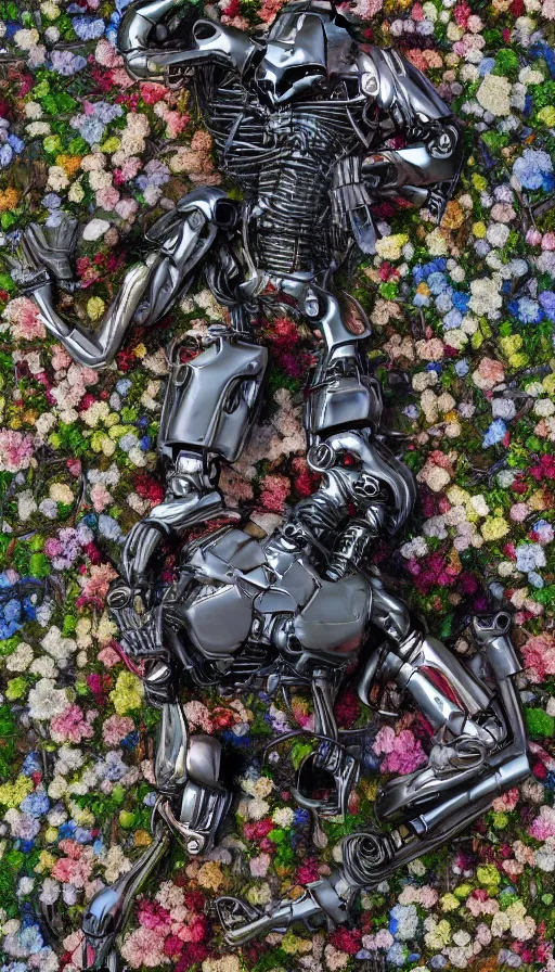 Image similar to destroyed terminator lying in a field of flowers, twisted metal, chrome, reflections, anthropomorphic, photorealism, smoke, metal, 8 k, surreal, wires, smooth, sharp focus, top view, extremely detailed, hyperrealism, elegant, establishing shot, by jeff koons, artgerm and greg rutkowski