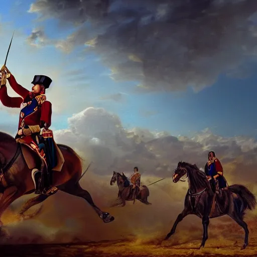 Image similar to gopro footage of napoleon on his horse fighting in waterloo, trending artstation, hyper realistic, very detailed, dramatic scene, realistic lighting, anime, 4 k