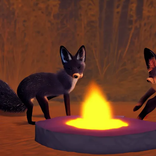 Prompt: second life in game screenshot of two black foxes sleeping next to each other in a cozy cave with a small campfire, cave lit up with fireflies and bioluminescent mushrooms, 4 k