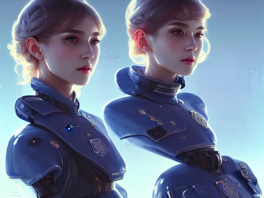Prompt: portrait futuristic police uniform girl, at future neon light london rooftop, ssci - fi and fantasy, intricate and very very beautiful and elegant, highly detailed, digital painting, artstation, concept art, smooth and sharp focus, illustration, art by tan zi and ayanamikodon and alphonse mucha and wlop