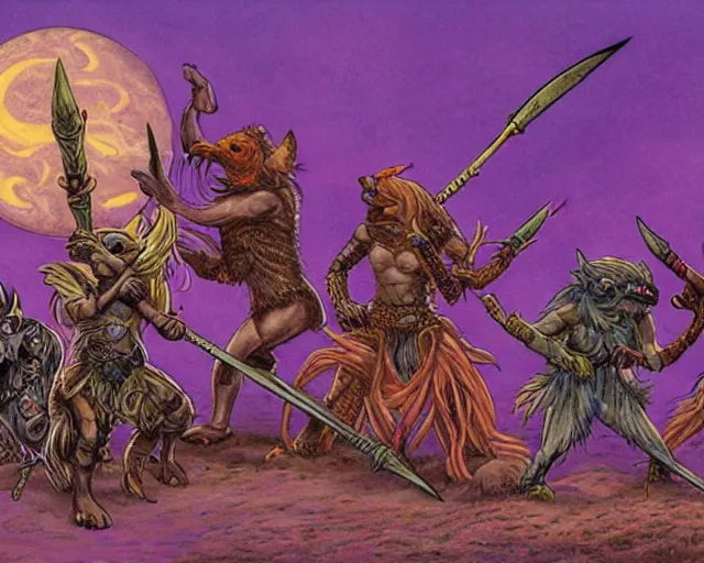 Prompt: Fantasy illustration by Larry Elmore - The pack of kobolds is crouched in a circle. They are snivelling canid humanoids, with scales of rust, and they carry spears. Their leader, a matronly female with numerous tattoos, kneels in the center of the circle and gathers the pulsing purple moss. She has a spear, but it lies across her lap.