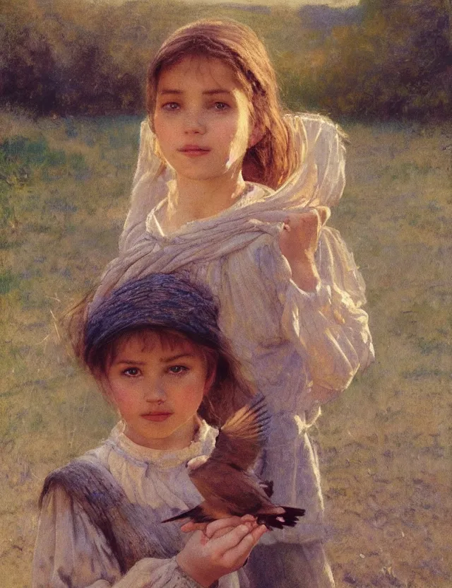 Image similar to portrait of little peasant girl setting free a bird, cottage core, cinematic focus, polaroid photo bleached vintage pastel colors high - key lighting, soft lights, foggy, by steve hanks, by lisa yuskavage, by serov valentin, by tarkovsky, 8 detailed, oil on canvas