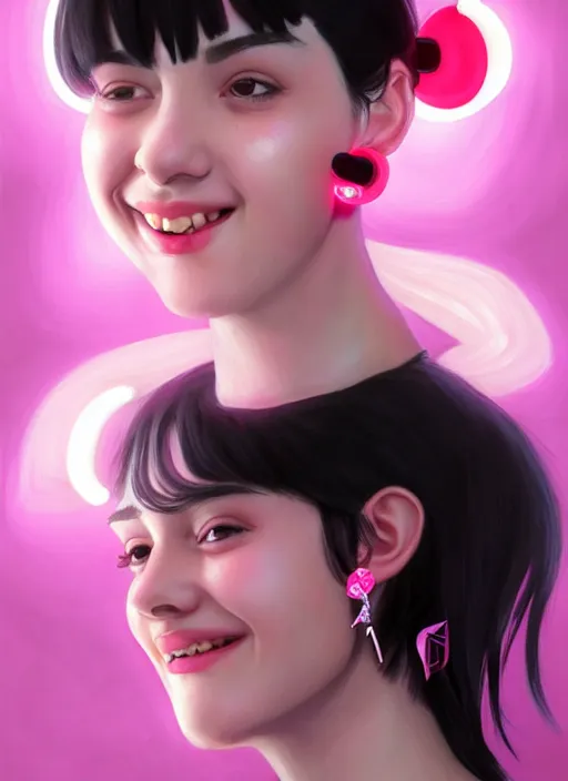 Image similar to portrait of high school girl, realistic, black hair, bangs, half updo hairstyle, pointy nose, skinny, smile, ugly, defined jawline, big chin, pink hair bow, earrings, intricate, elegant, glowing lights, highly detailed, digital painting, artstation, sharp focus, illustration, art by wlop, mars ravelo and greg rutkowski