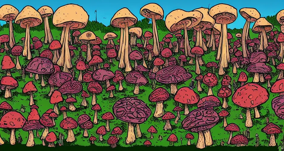 Image similar to A tribal village in a forest of giant mushrooms, by Jhonen Vasquez