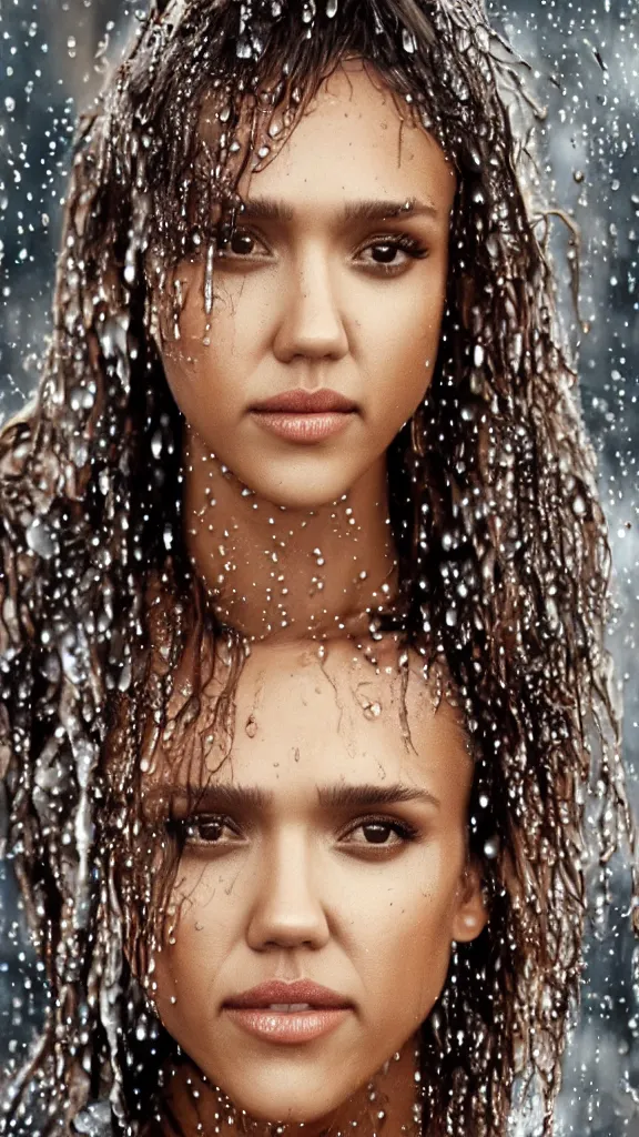 Prompt: Jessica Alba up close soaking wet. wet hair, raindrops on face and body, uhd, photorealistic, octane,