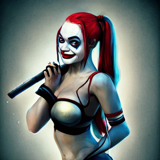 Prompt: Portrait of Harley Quinn but she's a beautiful ape-girl with long pony tails on either side of her head, illustration, by James Jean, artgerm, octane render, by John Coltrane and Marc Simonetti, Manic, inspired by Greg rutkowski, black background, kinemacolor, colorful, high detail of the face, full body