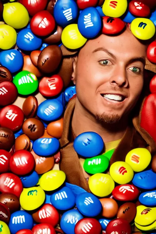 Image similar to eminim as a literal m & m, a person dressed as a m & m candy mascot, an m & m candy with the face of the rapper eminiem, cartoon animated m & m candy from the movie trailers, character art, cosplay, photoshoot, studio lighting, portrait by bruce weber