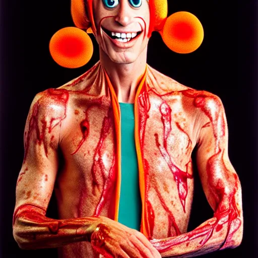 Image similar to uhd photorealisitc candid photo of anthony fauci dressed as slim goodbody. blood and guts everywhere. correct coostume. correct face, accurate face. photo by annie leibowitz and steve mccurry