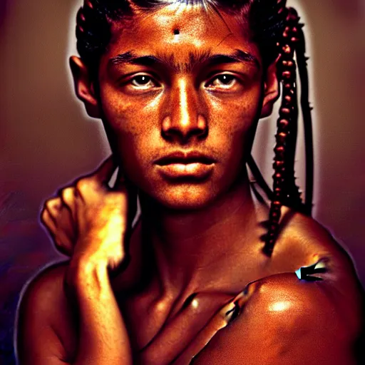 Image similar to beautiful woman with soft skin, cornrows, 8K artistic photography, photorealistic, chiaroscuro, by Steve Mccurry, Joey L, Raphael, Caravaggio