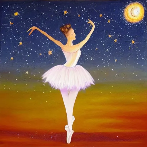 Image similar to Ballerina in a dress looking at a starry sky, galaxy, beautiful, painting, highly detailed, soft light