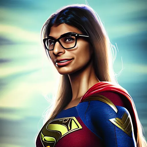 Image similar to a close up face of Mia Khalifa as Supergirl by Greg Rutkowski, Sung Choi, Mitchell Mohrhauser, Maciej Kuciara, Johnson Ting, Maxim Verehin, Peter Konig, Zack Snyder, 8k photorealistic, cinematic lighting, HD, high details, dramatic, trending on artstation,