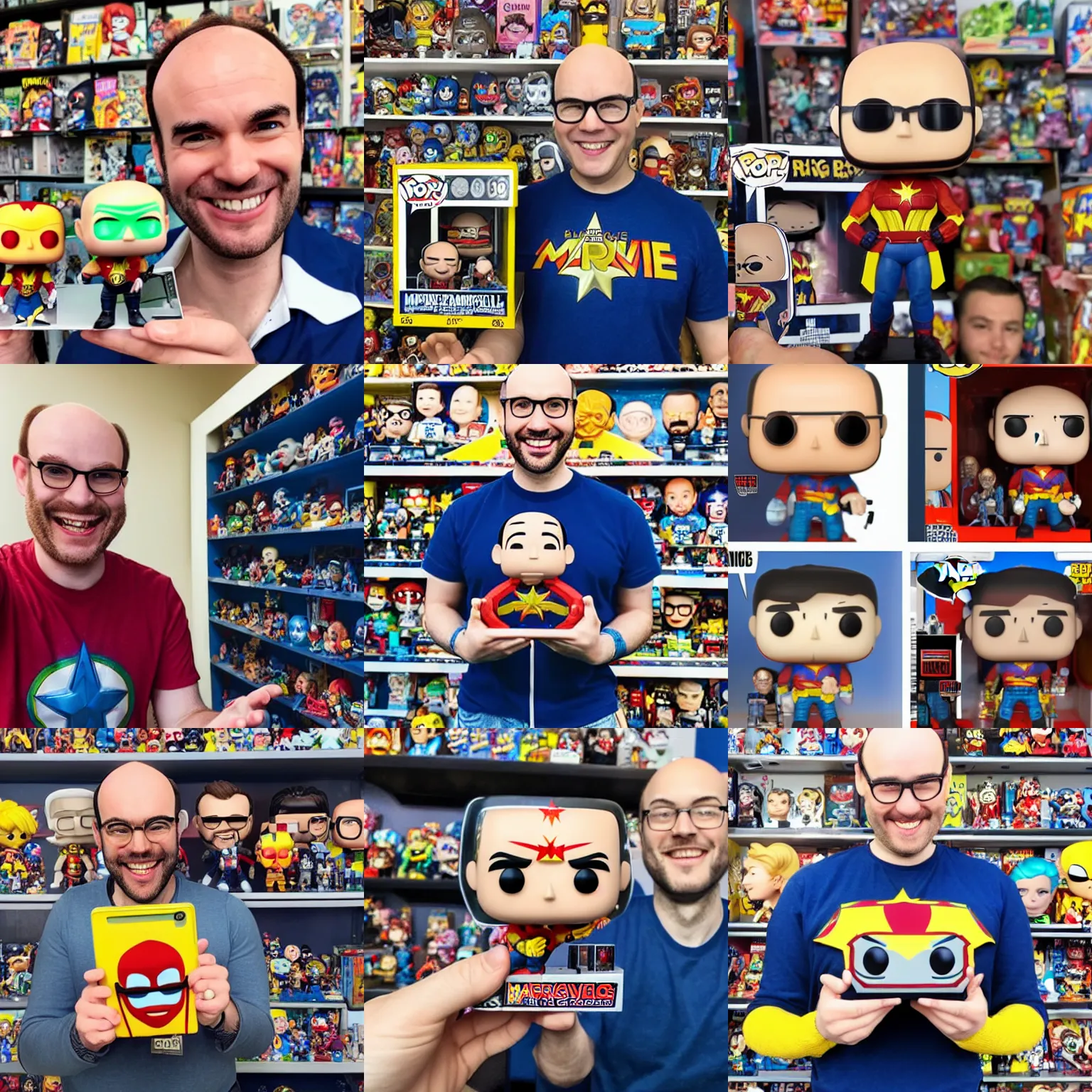 Prompt: a happy nerdy balding guy showing his collection of funko pop, big open smile, a funko pop of captain marvel in his hands, realistic, selfie