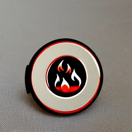 Prompt: a retro minimalistic circle enamel pin of a retro 1 9 7 0 s minimalistic clean fire warning label, use of negative space allowed, smooth curves