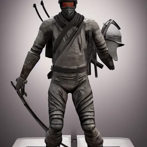 Image similar to 3 d rendering of marble and chrome statue of ninja wearing full face mask and hunter hat, combat suit, technological, octane render