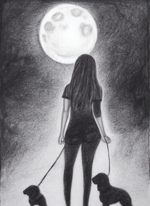 Image similar to young brown woman walking her dog in a park at night with a full moon charcoal drawing