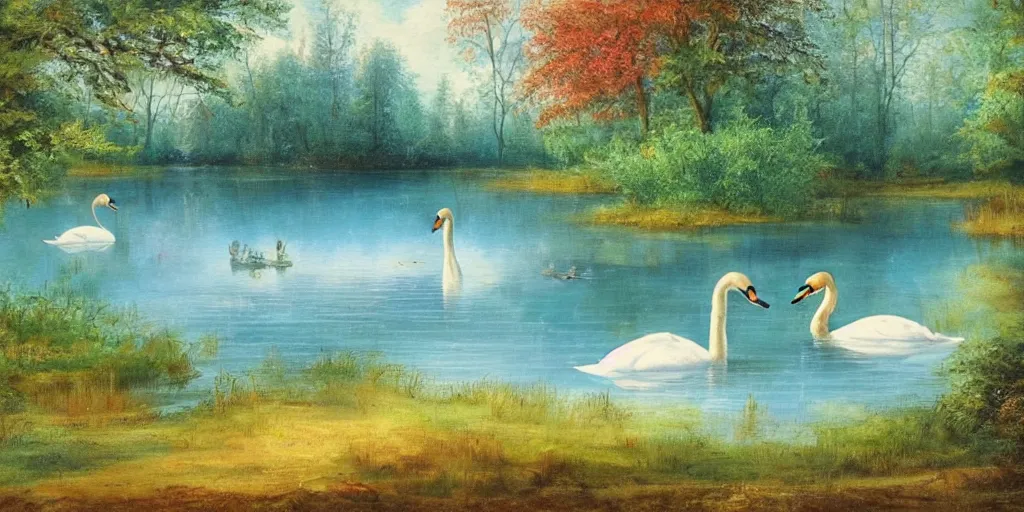 Prompt: painting of a small lake with two swans in it, in a forest, blue water, stunning colors, fairytale