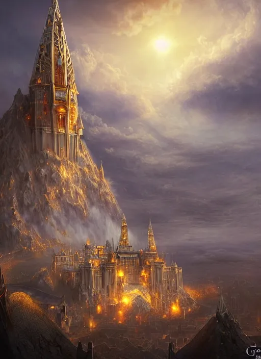 Image similar to beautiful gold fantasy city made from white stone and bright copper built on the side of a volcano, gondor, misty, red sky, medieval city, metropolis, magic, gorgeous clouds, white marble, god rays, digital art, landscape, fantasy art, octane render, ureal engine, high detail, very realistic, by greg rutkowski. by james gurney