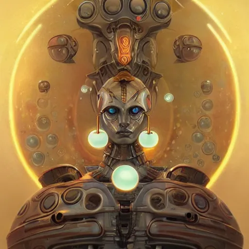 Image similar to a stylistic portrait of a robot god surrounded by small glowing orbs, D&D, fantasy, intricate, smooth, golden hour, artwork by Peter mohrbacher and Wayne barlowe