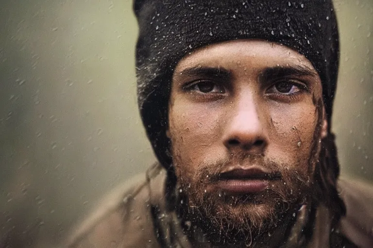 Prompt: a closeup cinematic!! headshot photograph!! of a beautiful young homeless war veteran, stood in a tunnel, rain, dirt, film still, cinematic lighting, by bill henson