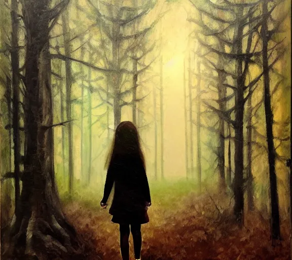 Prompt: a girl wandering in a dark forest, dim lighting, oil painting, scary atmosphere