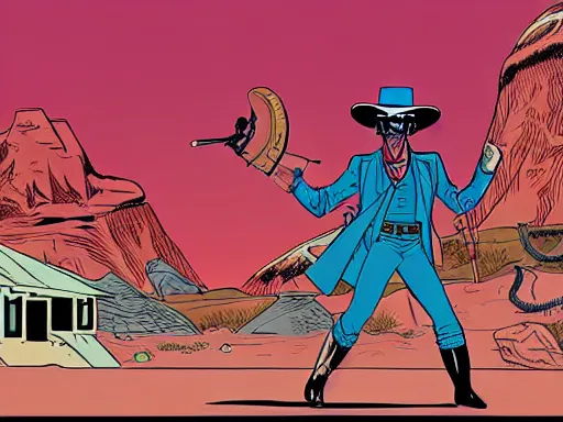 Prompt: a detailed illustration photorealistic of the Lone Ranger in the wild west town. flat colors, limited palette in FANTASTIC PLANET La planète sauvage animation by René Laloux