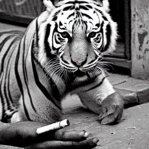 Prompt: retro photograph of a tiger smoking a joint in the streets of Dhaka at night, Kodak film photo