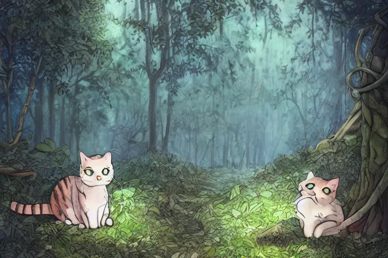 Prompt: a cat in a forest, highly detailed, digital art, trending on artstation, backlighting, by kawacy, by ken sugimori, fan art