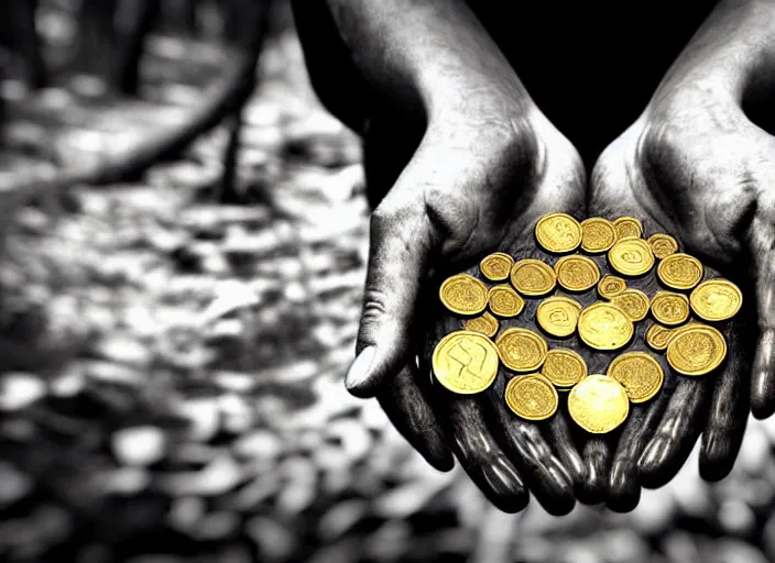 Prompt: old retro burnt out sepia photograph with scratches of an old and wrinkled hand with five fingers!! holding a few golden coins with royal engravings. magical forest in the background with bokeh. Antique. High quality 8k. Intricate. Sony a7r iv 35mm. Award winning. Zdzislaw beksinski style