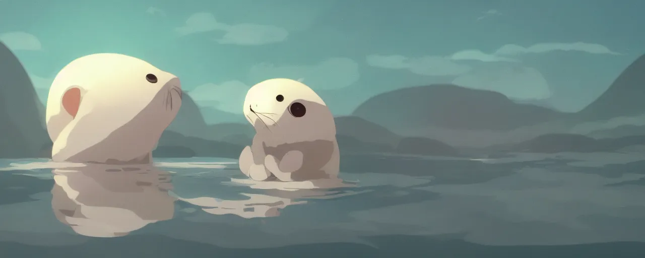 Image similar to a baby harp seal swimming in a tropical river, atey ghailan, goro fujita, studio ghibli, rim light, bright lighting, clear focus, very coherent