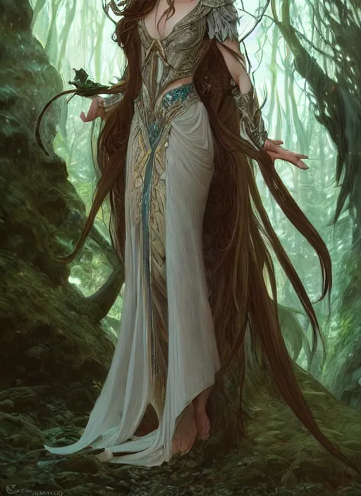 Image similar to full body of a fantasy elf female sorceress queen with long hair flowing in an ancient forest filled with magic, highly detailed, digital painting, artstation, smooth, sharp focus, illustration, art by artgerm and greg rutkowski and alphonse mucha, intricate dress, fine face