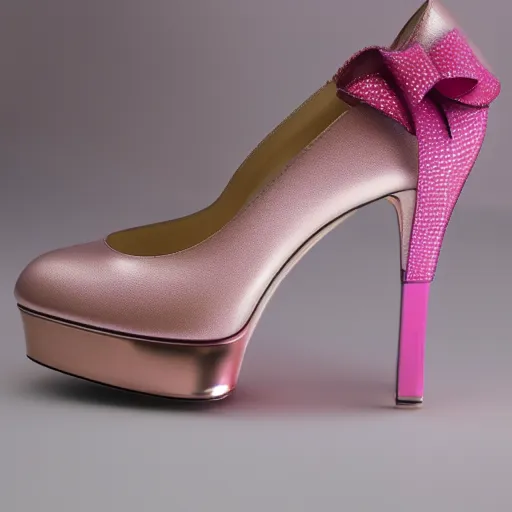 Image similar to pink leather 1 5 cm high heel shoes with 7 cm platform with ribbon to the ankle stripe designed by jimmy choo, photorealistic, beautiful, architecture, clean, highly detailed, 8 k, ornate detail