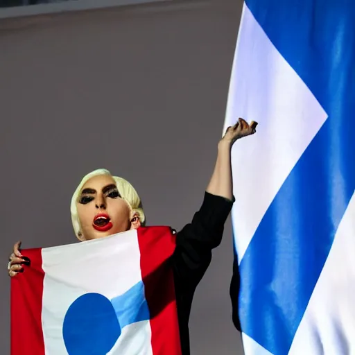 Image similar to Lady Gaga as president, Argentina presidential rally, Argentine flags behind, bokeh, giving a speech, detailed face, Argentina