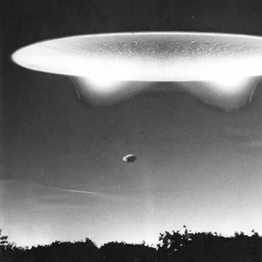 Image similar to dark photo of an ufo in the skies, there is a nuclear explosion behind, black and white, pictorialism