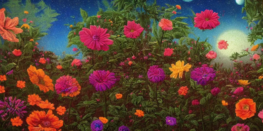 Image similar to a flowering garden on the moon, 👽🤖, impasto paint in the style of martin johnson heade and mark ryden,