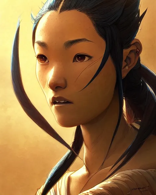 Image similar to mai from avatar the last airbender, character portrait, portrait, close up, concept art, intricate details, highly detailed by greg rutkowski, michael whelan and gustave dore