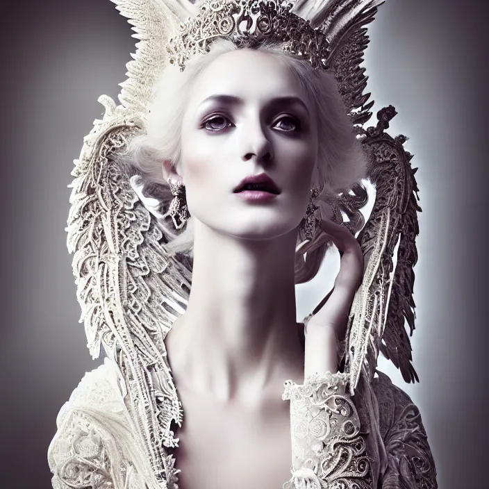 Image similar to photo portrait of a beautiful woman like a queen-dark fallen angel, dressed in long elegant intricate ornamental white dress, intricate fractal ornament in the bust with a very long neck , elegant, highly detailed intricate baroque ornament in her blond long hair, Realistic, Refined, Highly Detailed, Cinematic outdoor Lighting, fine art photography by Flora Borsi, volumetric lighting, pastel colors scheme , hyper realistic photography
