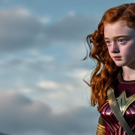 Image similar to film still of sadie sink playing wonder women, hd, 8 k, high resolution, cinematic, golden hour lighting, beautiful hair, holding golden whip, photorealistic, on a field, grey sky, shadows