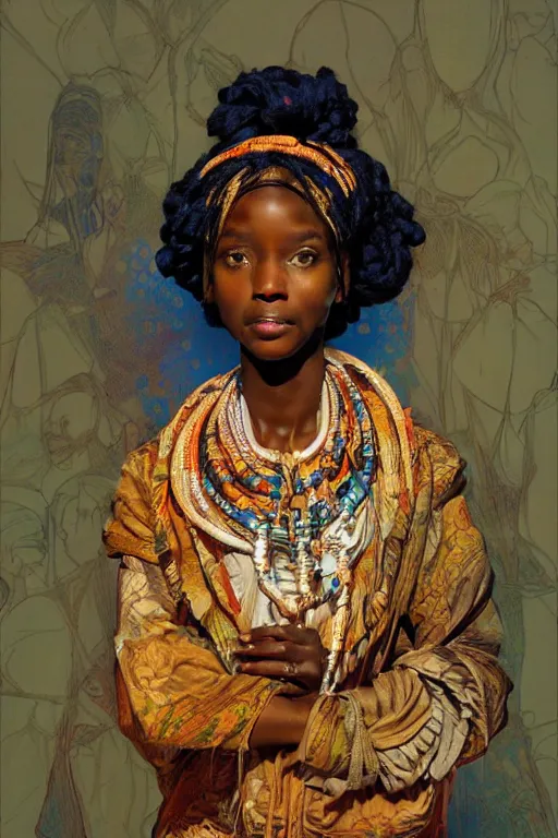 Image similar to african girl in traditional clothes in an office, art by joseph leyendecker, donato giancola, ruan jia, marc simonetti, peter mohrbacher, ayami kojima, cedric peyravernay, alphonse mucha, victo ngai, hyper detailed 4 k