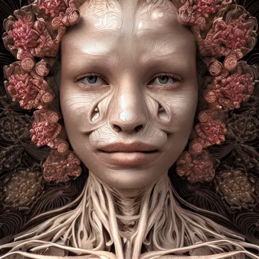 Image similar to beatifull frontal face portrait of a woman, 150mm, anatomical, flesh, flowers, mandelbrot fractal, symmetric, intricate, elegant, highly detailed, ornate, ornament, sculpture, elegant , luxury, beautifully lit, ray trace, octane render in the style of peter Gric and alex grey