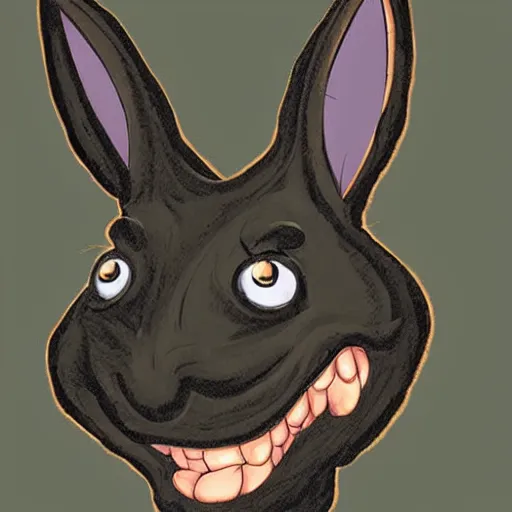 Image similar to A extremely highly detailed majestic hi-res beautiful, highly detailed head and shoulders portrait of a scary terrifying, horrifying, creepy black cartoon rabbit with scary big eyes, earing a shirt laughing, hey buddy, let's be friends, in the style of Walt Disney