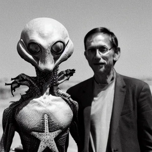 Prompt: photo, A man stand next to an alien.