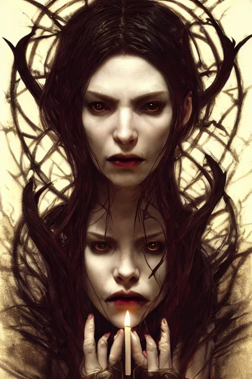 Image similar to portrait of a female vampire, intricate, dystopian terror, fangs, extremely detailed, digital painting, candles, sculpted in zbrush, artstation, concept art, smooth, sharp focus, illustration, chiaroscuro lighting, golden ratio, rule of thirds, fibonacci, incredible art by Stanley Artgerm Lau and Greg Rutkowski, composition by Alphonse Mucha and Simon Stalenhag