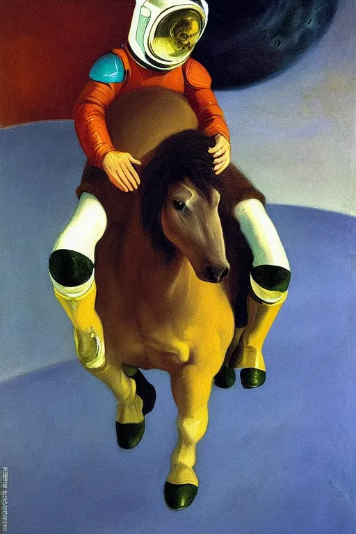 Image similar to a small man with a horse's head sits astride a man in an astronaut costume, hauntingly surreal, highly detailed painting by francis bacon, edward hopper, adrian ghenie, gerhard richter, and james jean soft light 4 k,