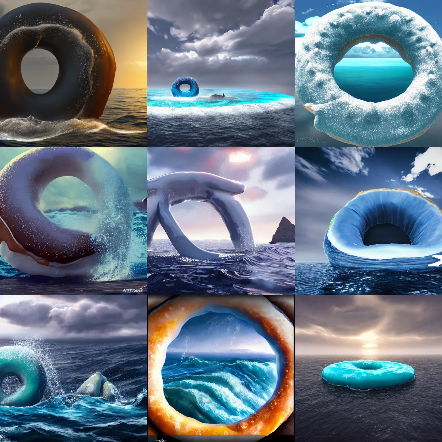 Prompt: a giant donut with an ocean filled in the middle, whales jumping out of water, cloudy skies with godrays, realism, 4 k, trending on artstation