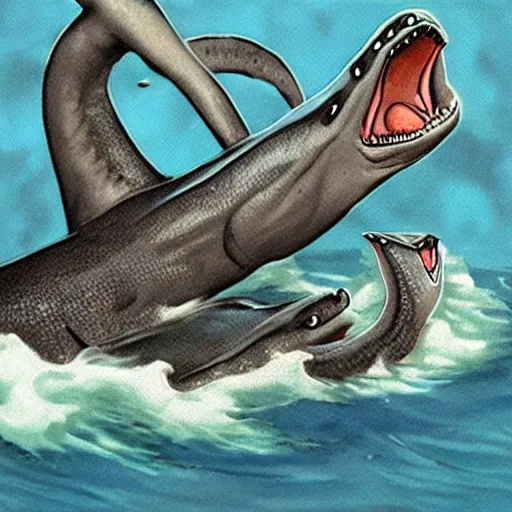 Prompt: deep sea plesiosaurus attacks squid