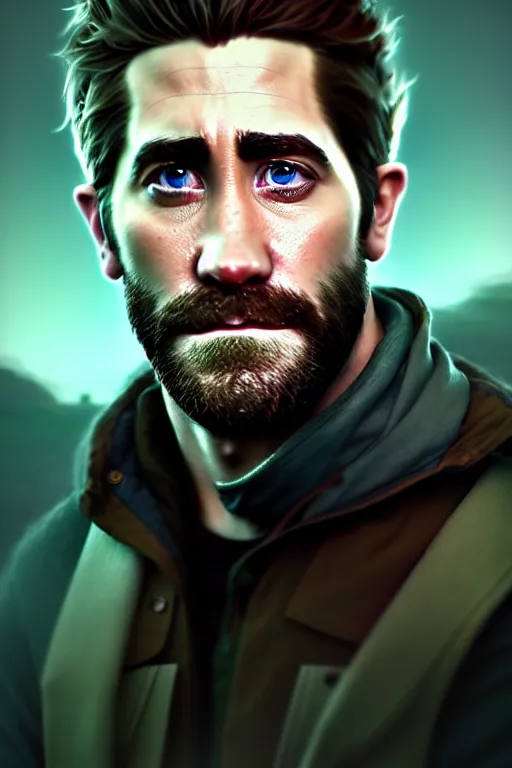 Image similar to portrait of jake gyllenhaal rendered in unreal engine 5, by wlop, greg rutkowski, and peter mohrbacher, 3 d, extremely detailed shading, concept art, character design, trending on artstation, unreal engine 5, octane render, atmosphere, glow, cinematic lighting, full of color