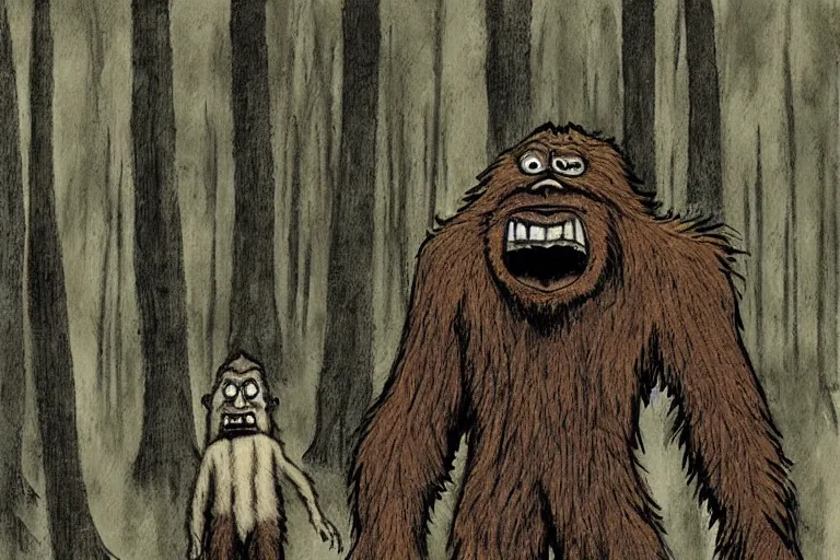 Prompt: mad bigfoot screaming in the woods artwork by ben templesmith