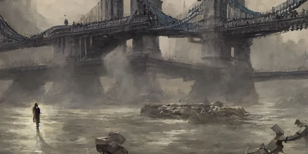 Prompt: kaiju in budapest, chain bridge painting, greg rutkowski, craig mullins, detailed, cinematic