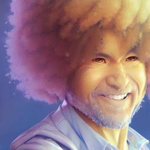 Prompt: An anime portrait of Bob Ross, by Stanley Artgerm Lau, WLOP, Rossdraws, James Jean, Andrei Riabovitchev, Marc Simonetti, and Sakimichan, tranding on artstation, SFW version