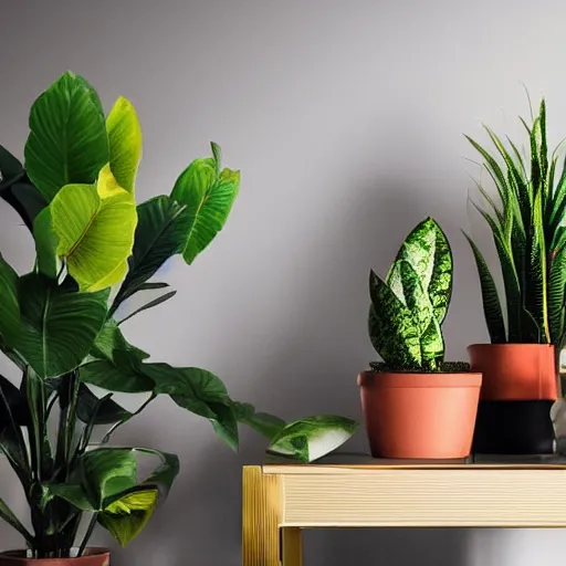 Prompt: a group of 6 houseplants in high contrast golden hour with stark shadows, highly detailed, photorealistic, trending in artstation